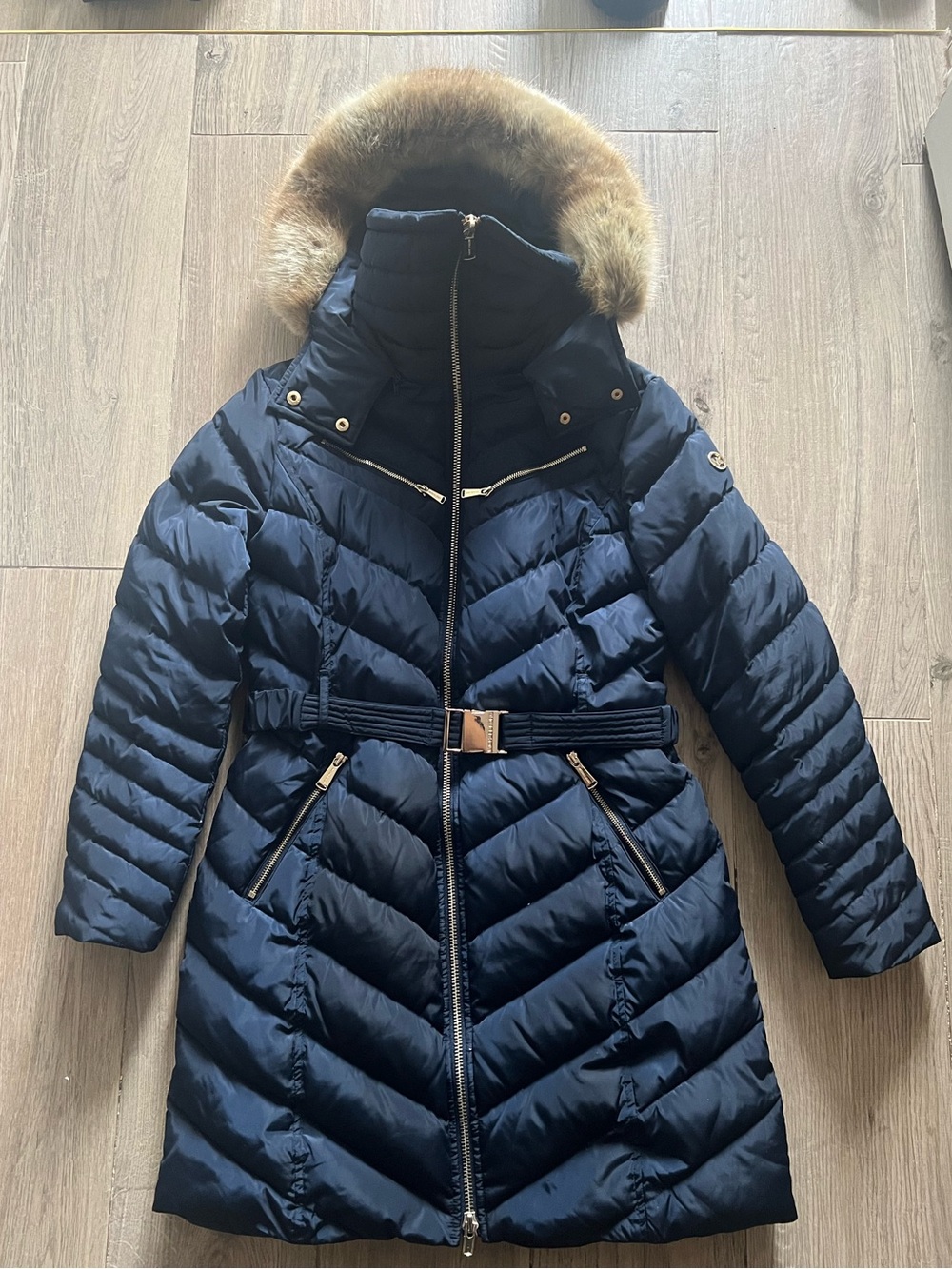 Michael Kors Navy Quilted Puffer Coat with Fur-Trim Hood